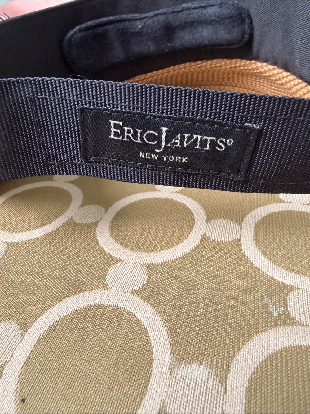 Eric Javits Tan Straw Visor with Black Band and Gold Stud - Picture 3 of 5